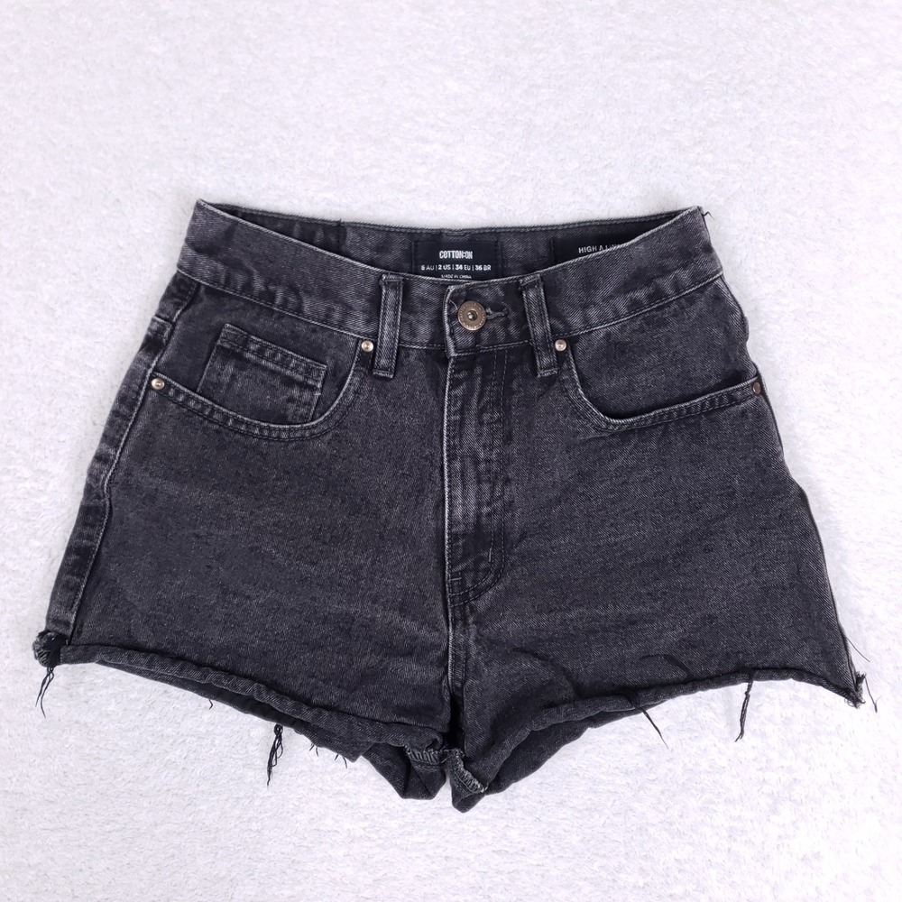 Cotton On Denim Shorts Womens Size 2 High A Line Washed Black Frayed Summer